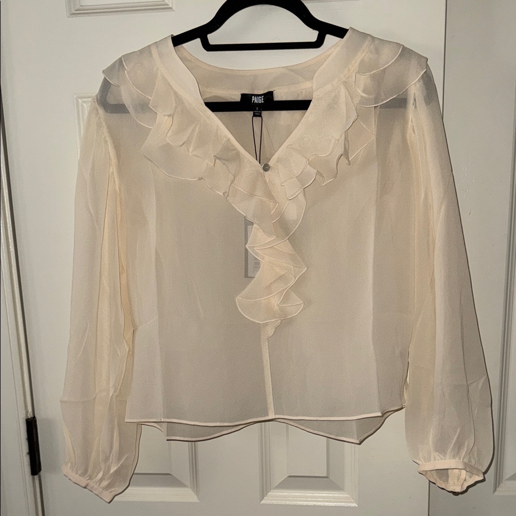 Paige Cream Ruffle V-Neck Sheer Blouse